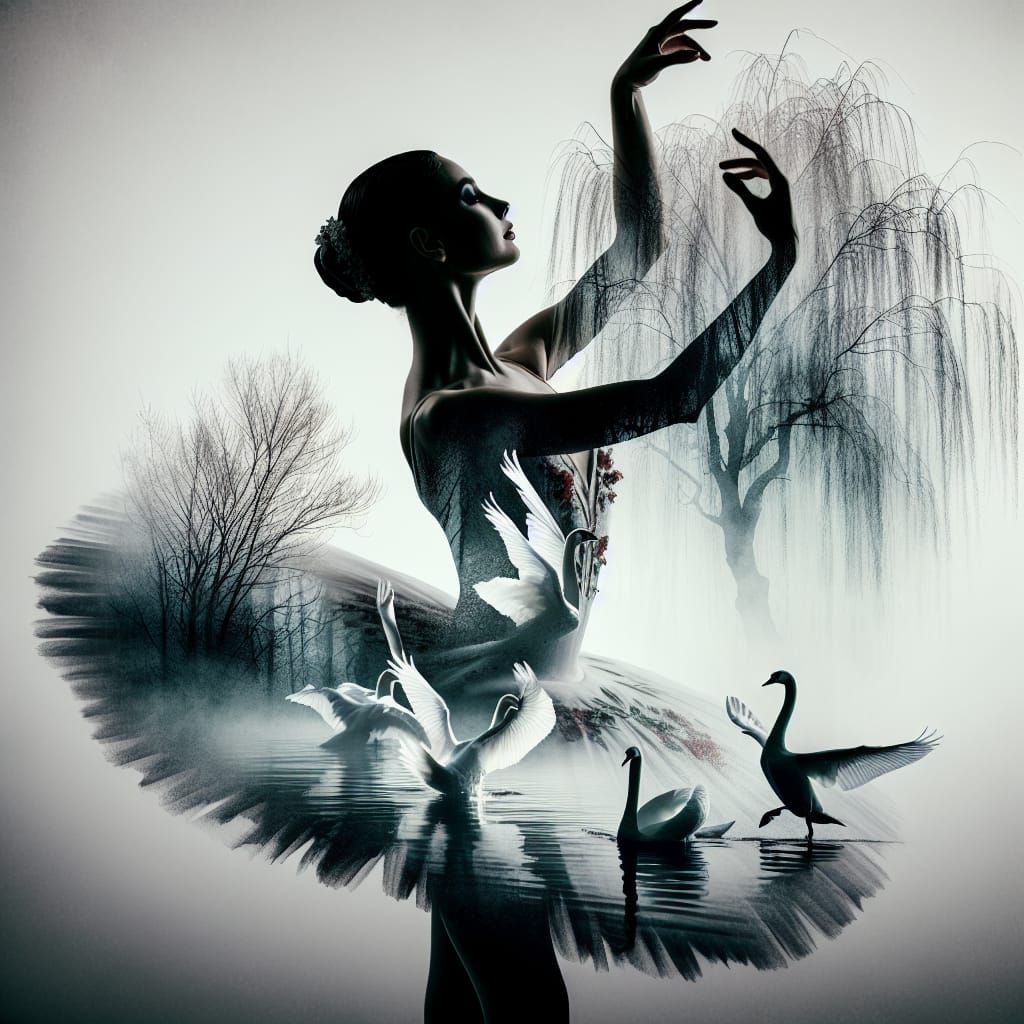 Swan Lake Ballerina Double Exposure Watercolor Painting