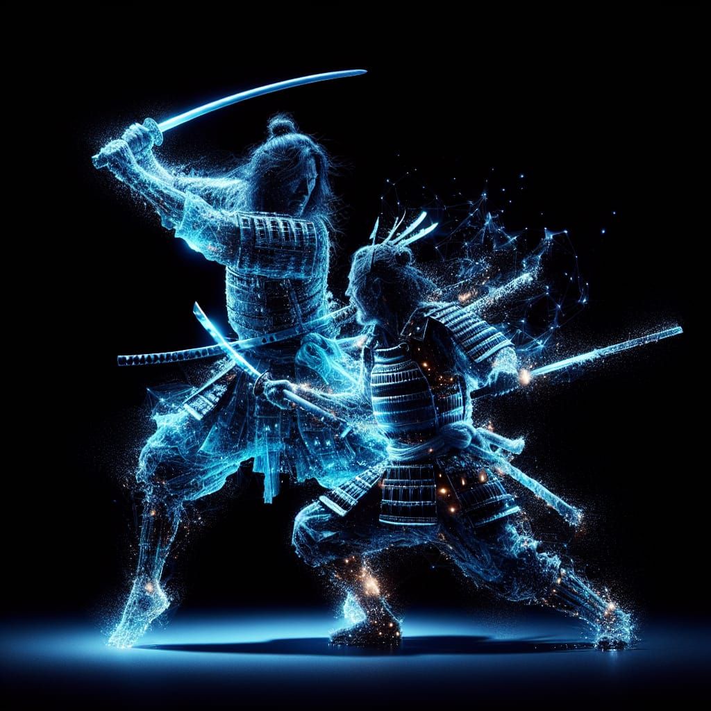 Bioluminescent Samurai Clash in Double Exposure