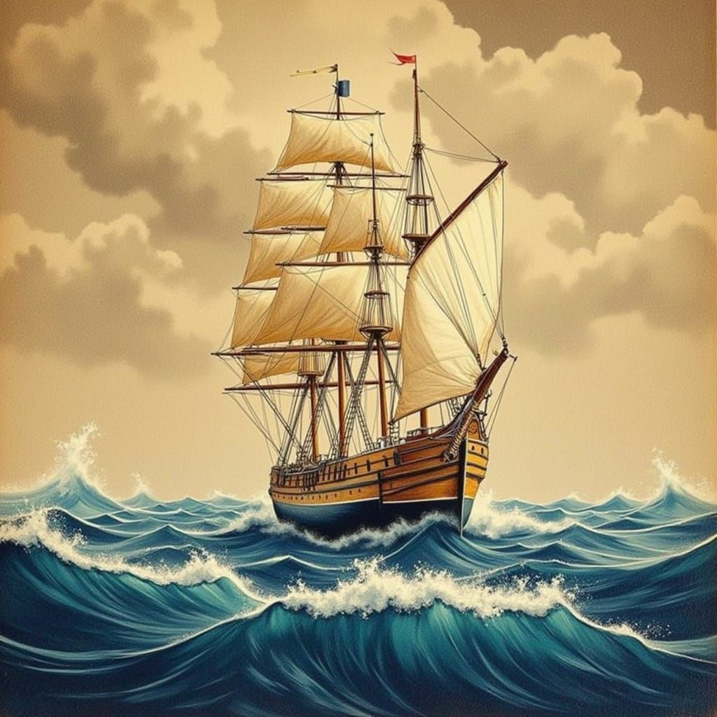 Classic Sailing Ship in Turbulent Waves, Pencil Sketch Style