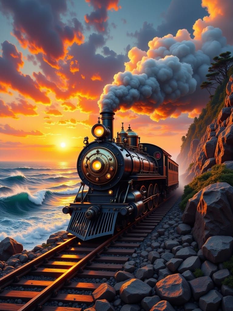 A steam train, its polished exterior reflecting the fiery su...