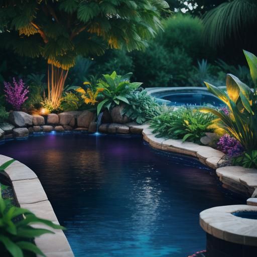 Lush Purple Pool with Plants in Bokeh Style