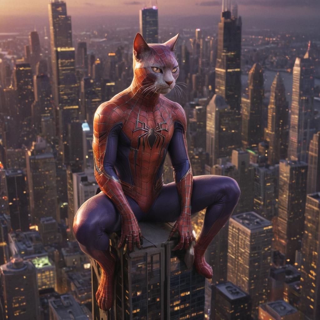 Spiderman Cat Overlooking City at Sunset