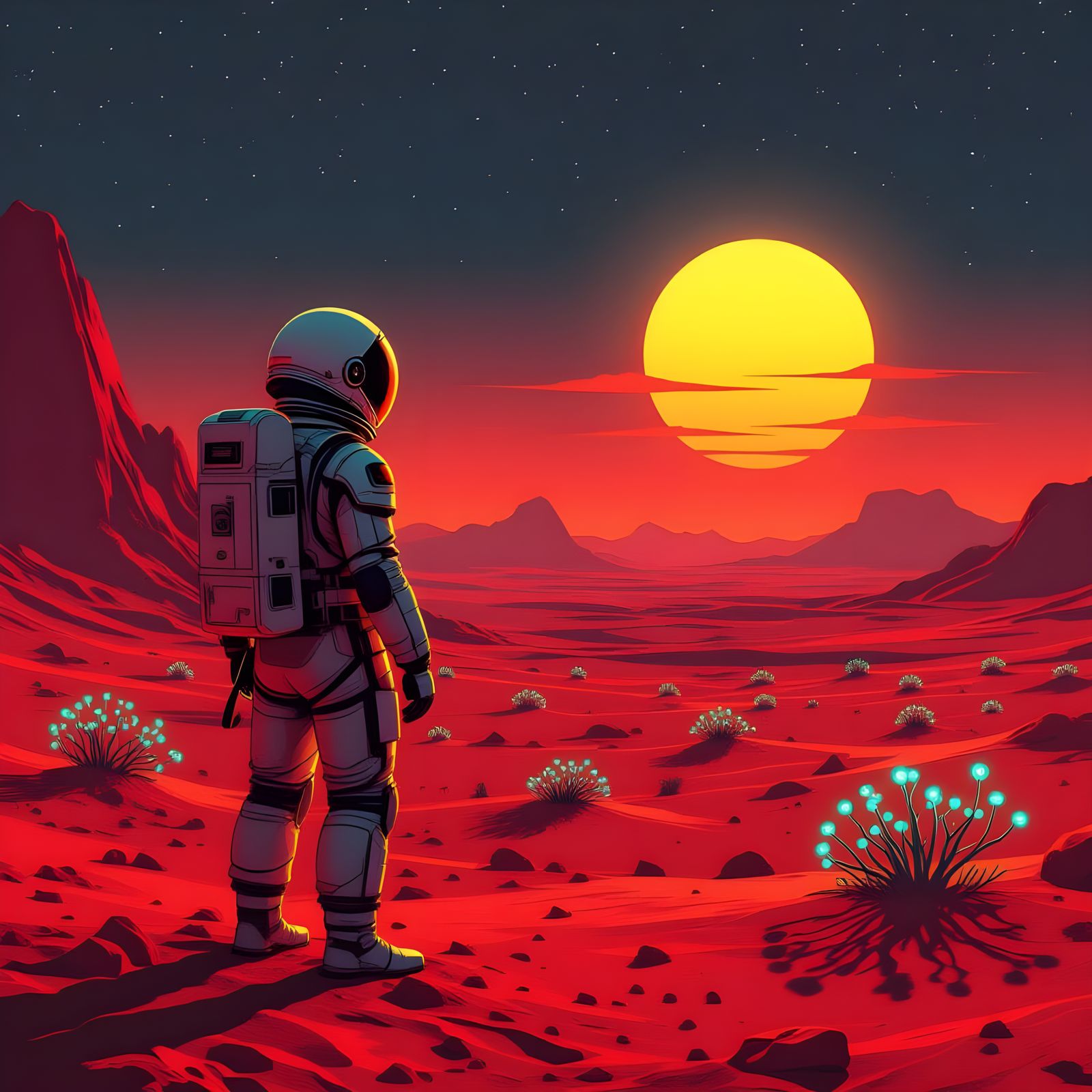 Astronaut on Alien Planet Gazing at Binary Sunset