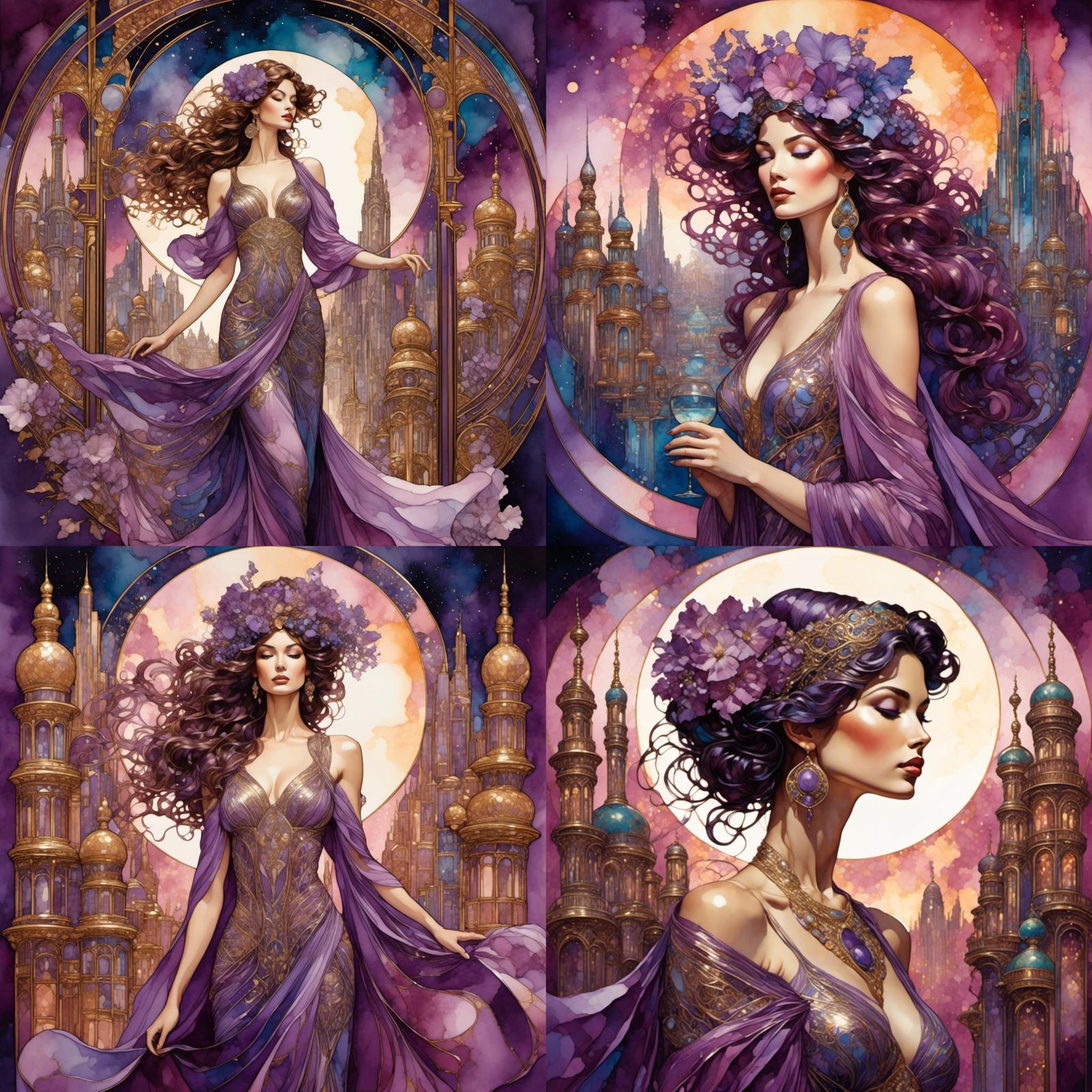 Art Nouveau Alcohol Ink Woman in Cityscape