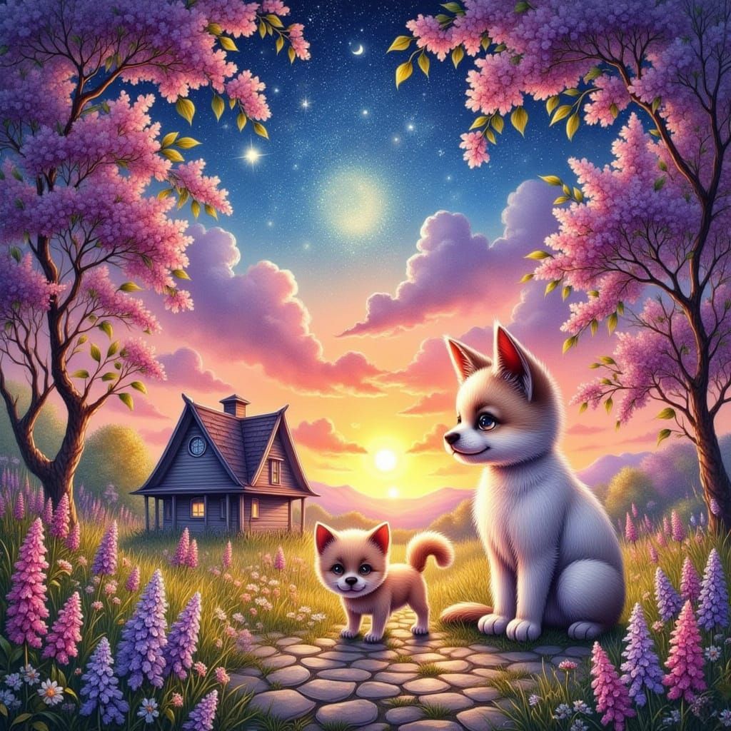 Charming Whimsical Scene of Furry Friends Under Starry Night