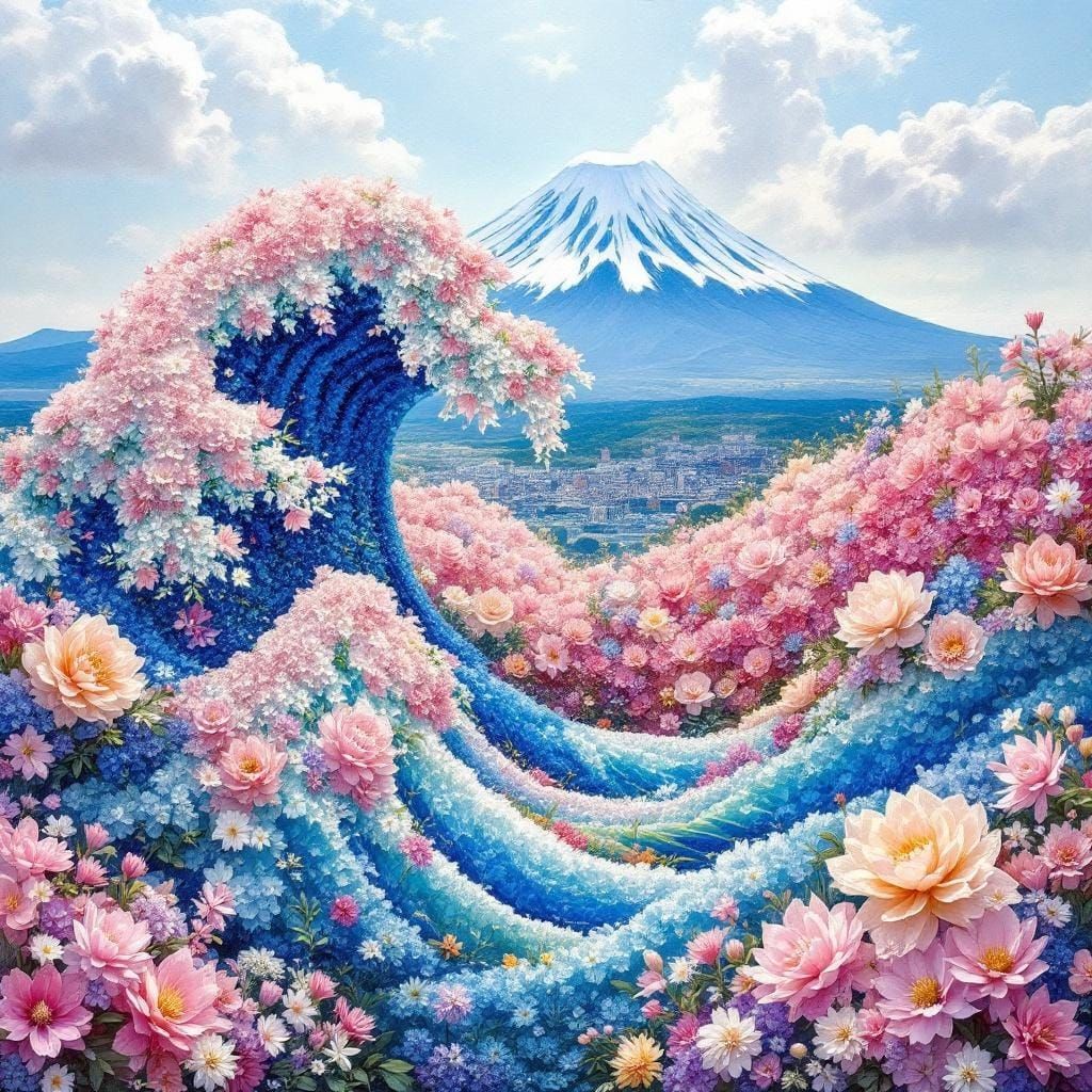 The Great Wave with flowers