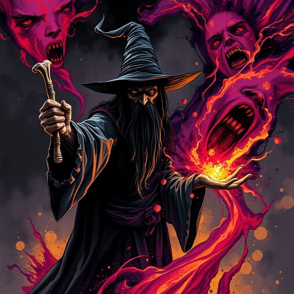 Dark Wizard Unleashes Malevolent Magic in Art Nouveau Style