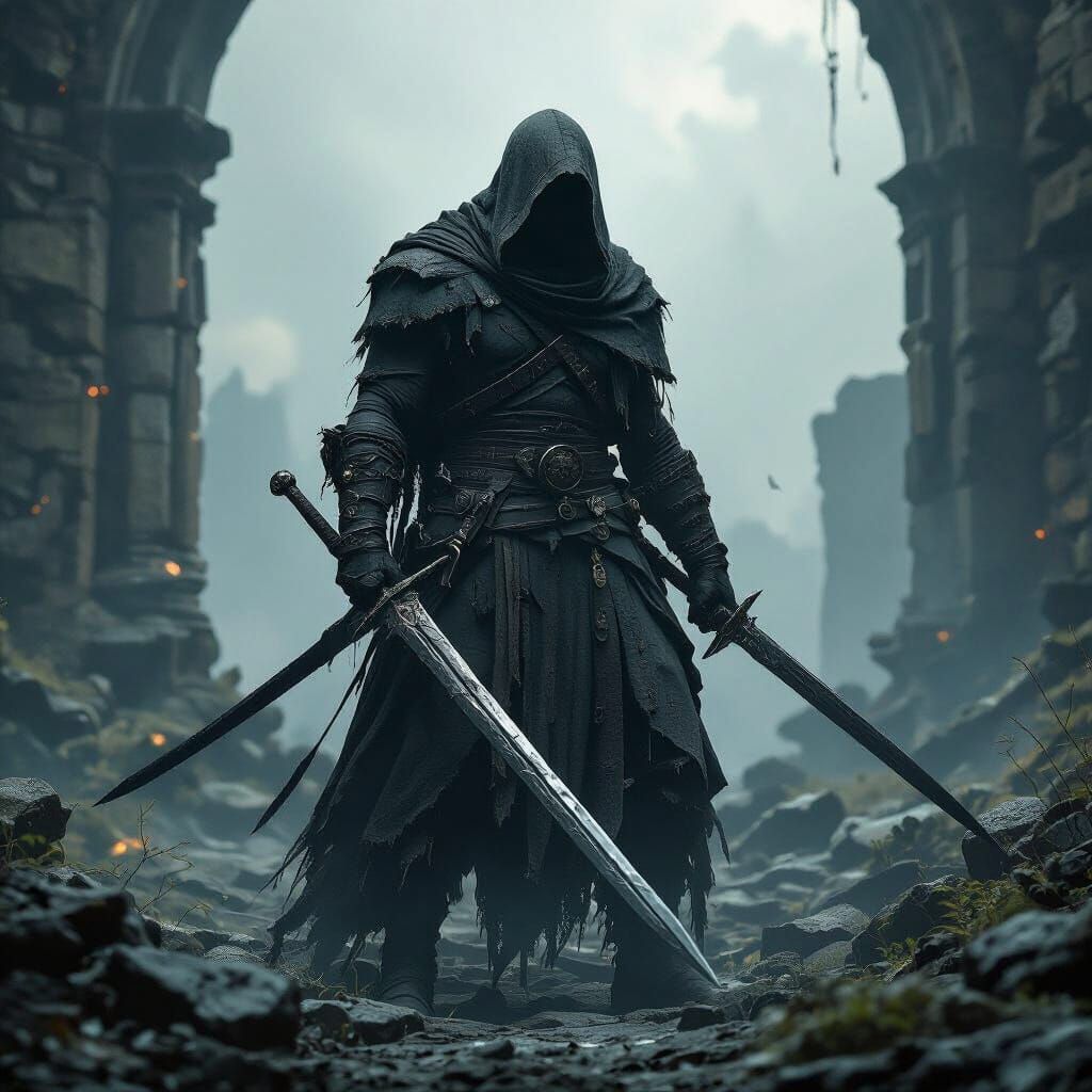 Ominous Warrior in Dark Fantasy Landscape