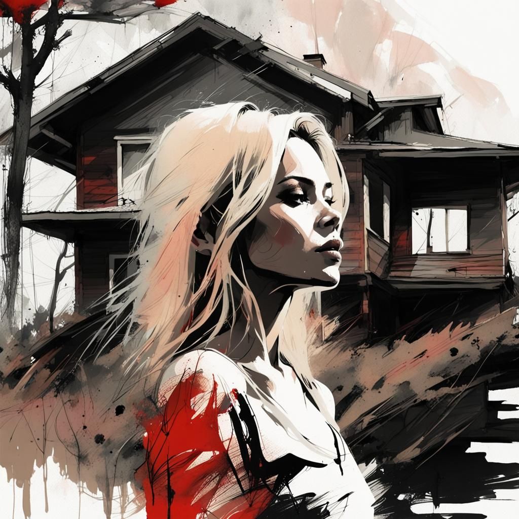 Woman at Cliffside House, Dripping Ink Style