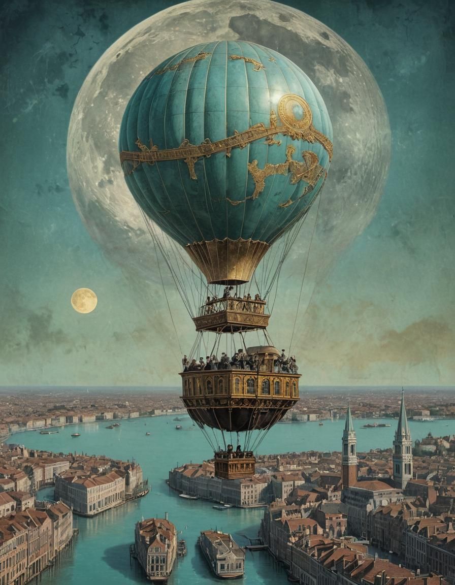 Victorian Balloon Flight Over Venice Under Full Moon