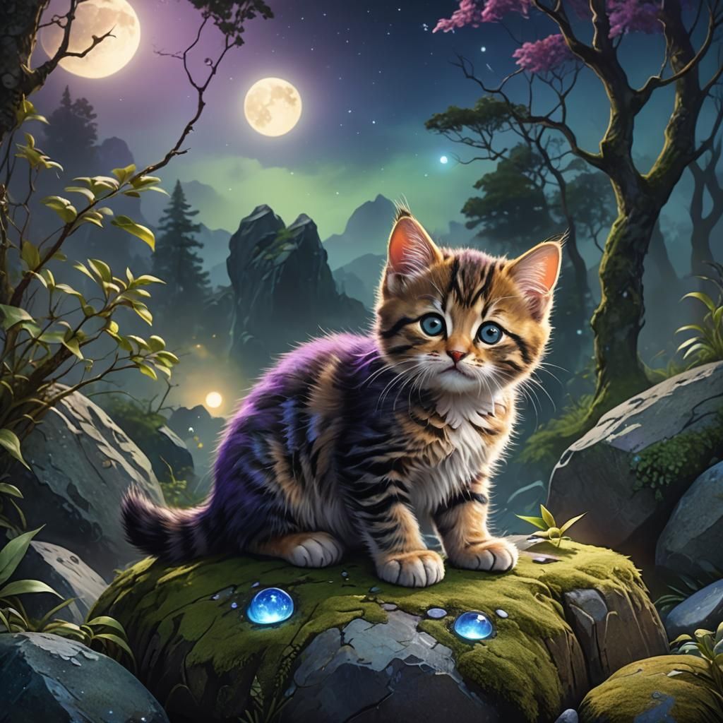 Enchanting Kitten in Moonlit Forest Concept Art