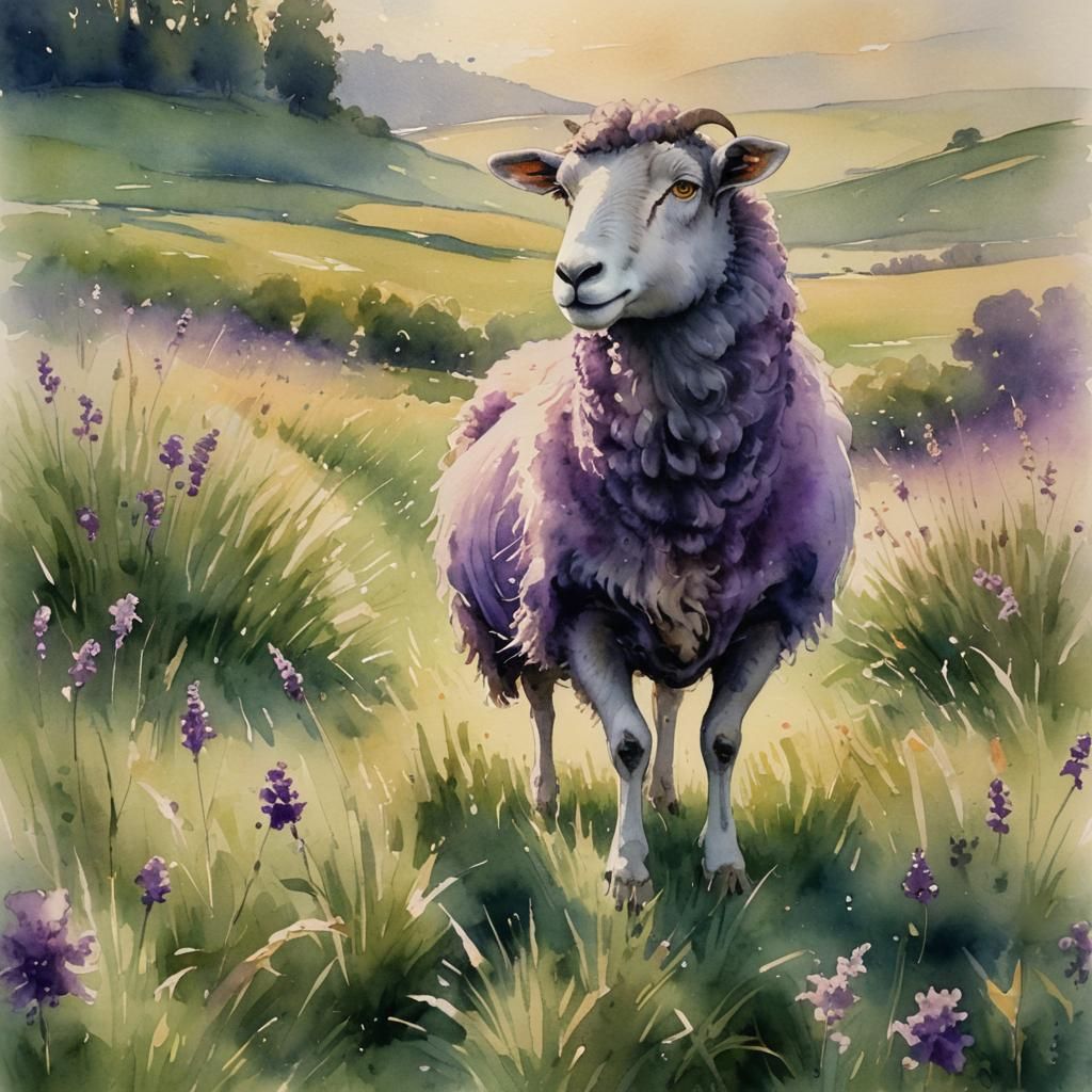 Purple Sheep in Meadow Watercolour Painting