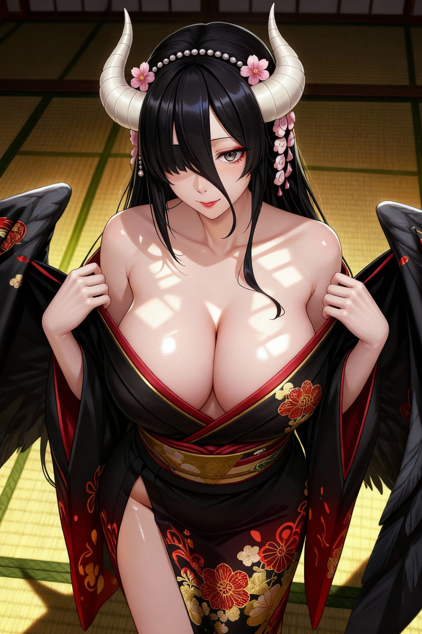 Seductive Succubus with Black Hair and Ivory Horns