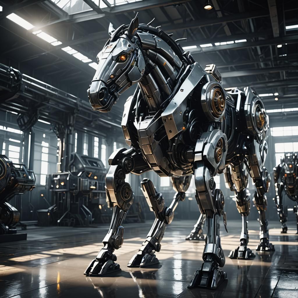 Metallic Mecha Horse in Sci-Fi Farm