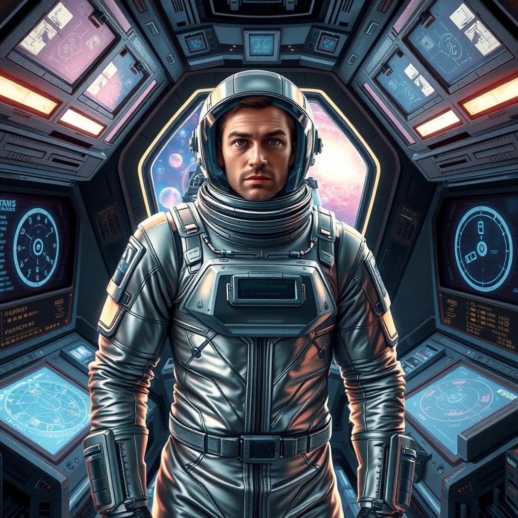 Astronaut in Spaceship Cockpit with Nebula View