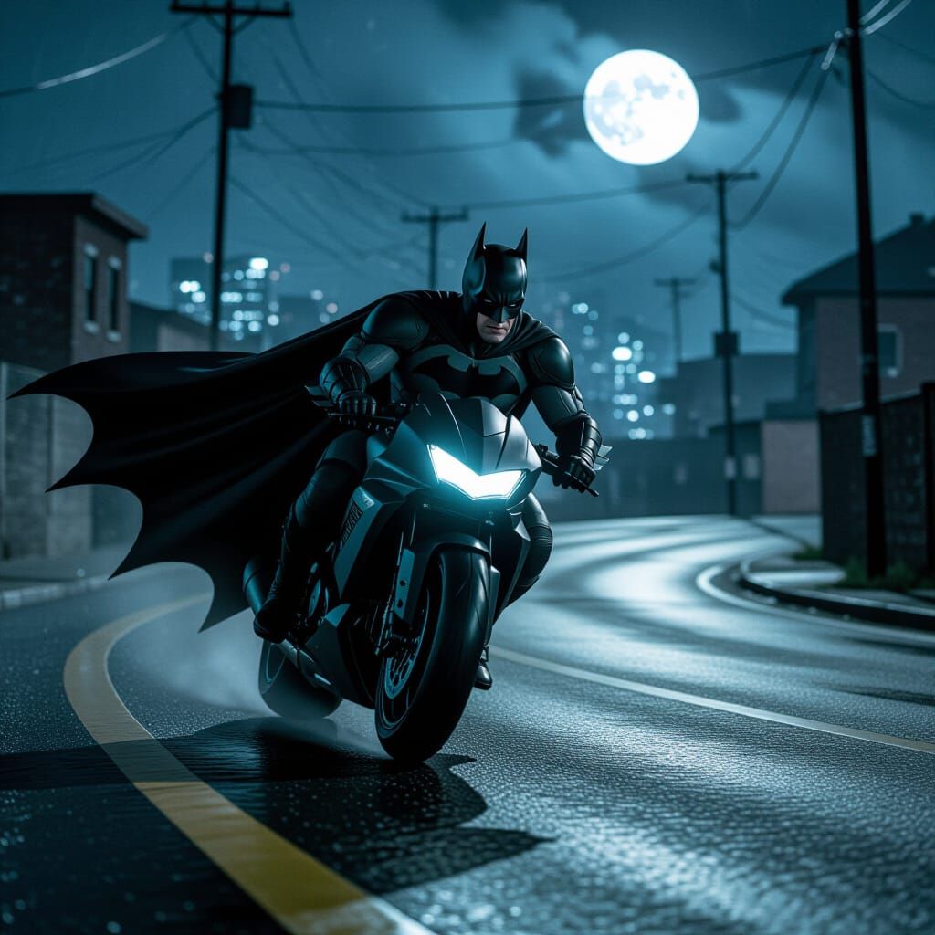 Batman on Batcycle in Gotham City