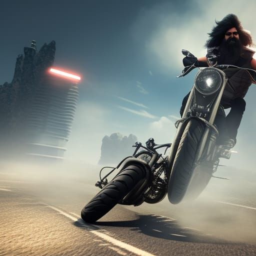 Motorcycle Rider with Flowing Mustache in 3D Style