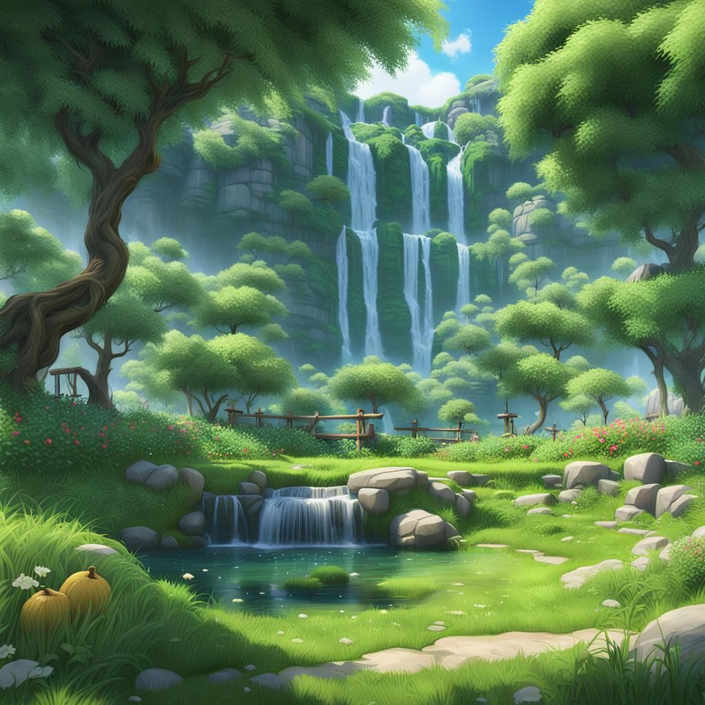 Lush Garden Waterfall in Detailed 3D Anime Style