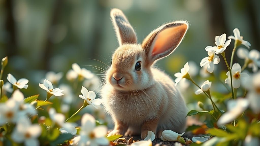 Whimsical Forest Scene with Bunny in Watercolor Style