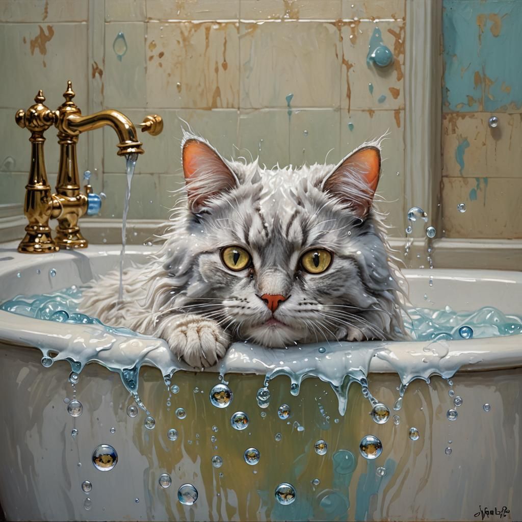 Humorous Wet Cat in Bubble Bath, Oil Painting
