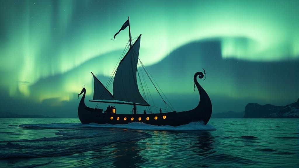 Ghost Viking Ship Under Aurora Borealis