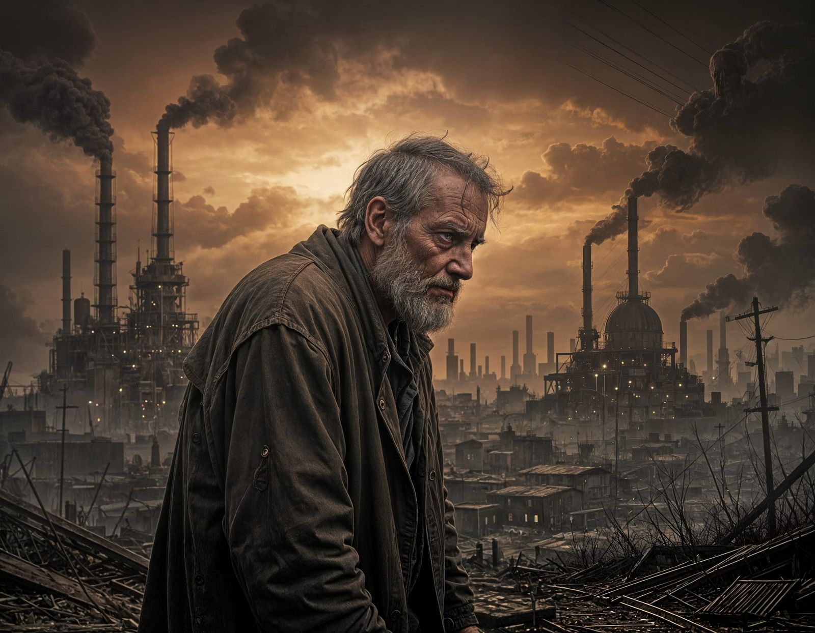 Weary Old Man Gazing Over Industrial Town