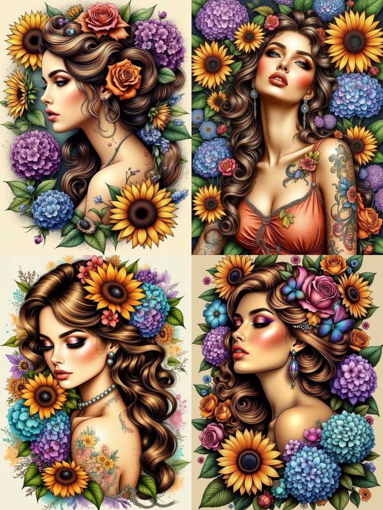 Hand Drawn Bohemian Tattoo Design of Vintage Pin-Up Woman