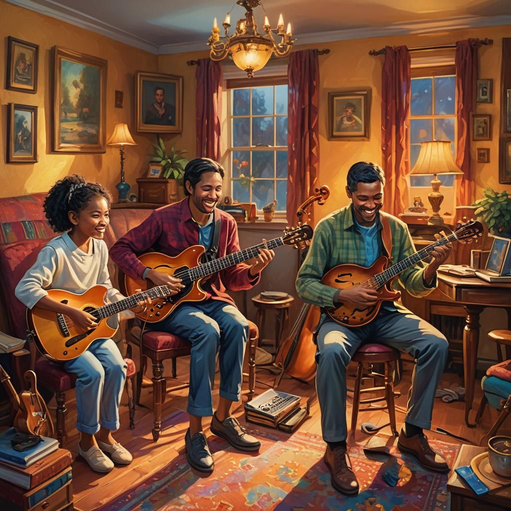 Family Musicians in Warm Golden Light: Oil Painting