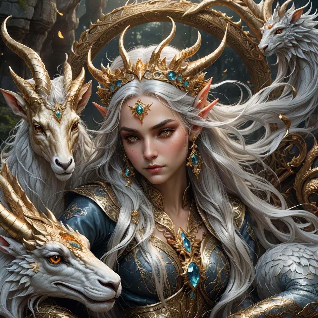Ethereal Elf and Golden Dragon in Mystical Scene