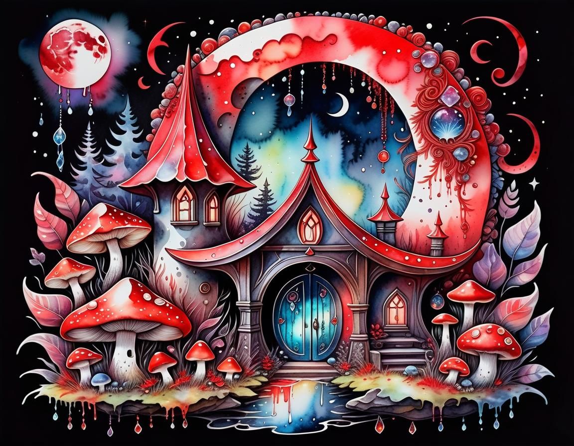 Vibrant Red Pagan Home in Watercolour Style