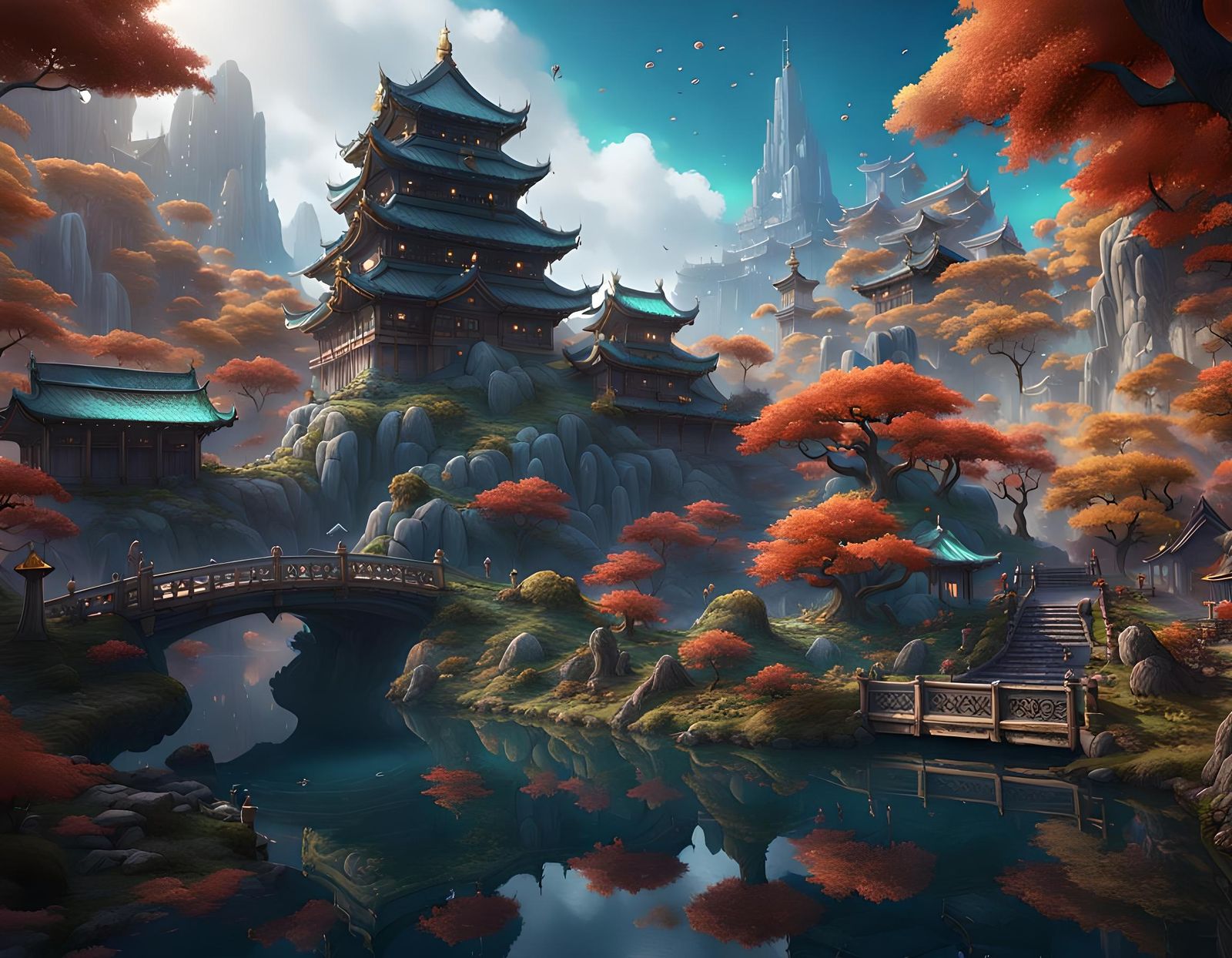 Fantastical Japanese Landscape in Detailed Digital Painting