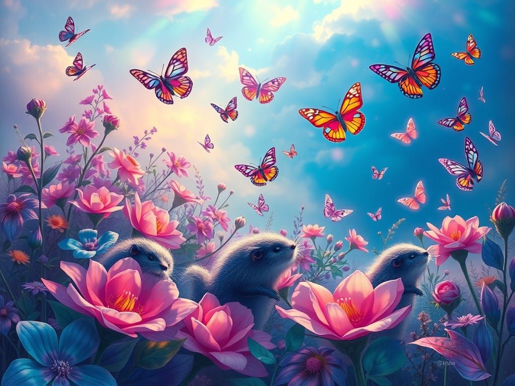 Surreal Jewel-Toned Landscape with Whimsical Creatures and B...