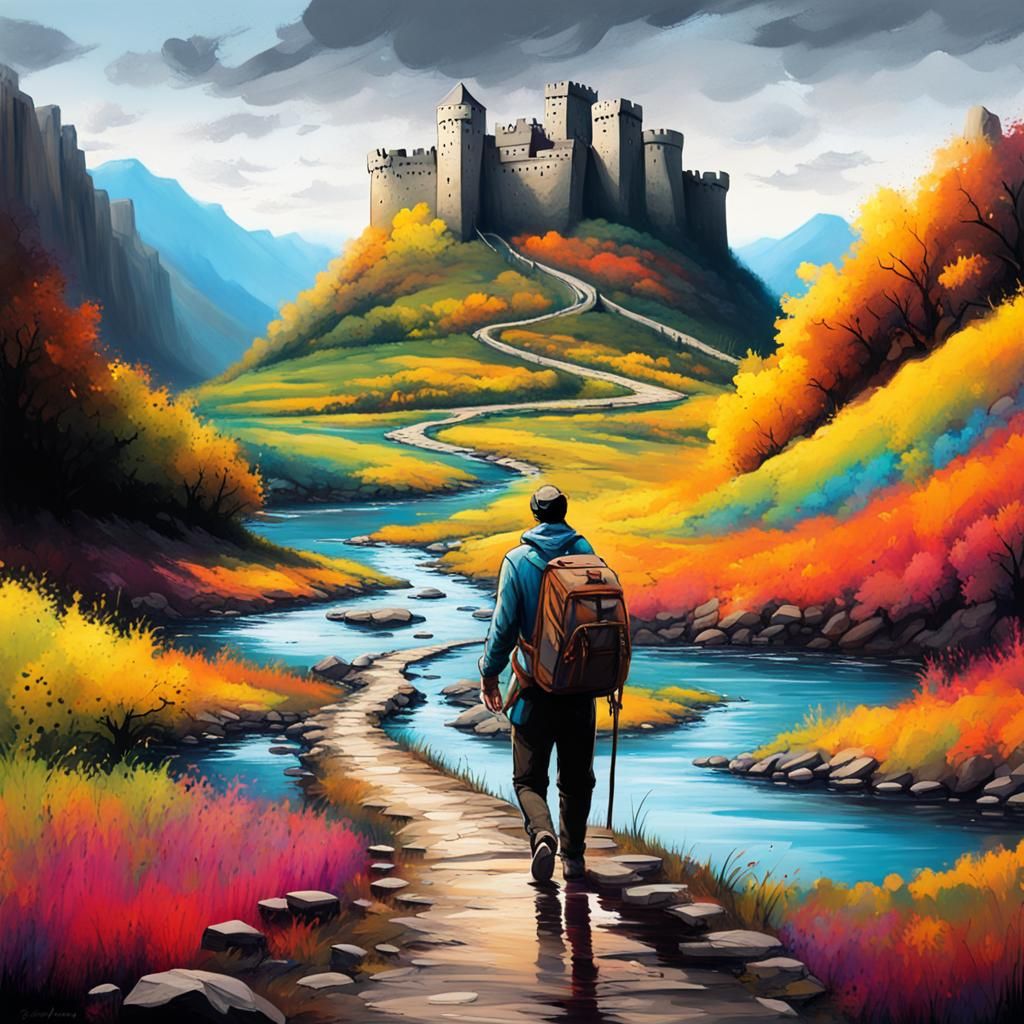 Traveler in River Valley: Graffiti Art Style