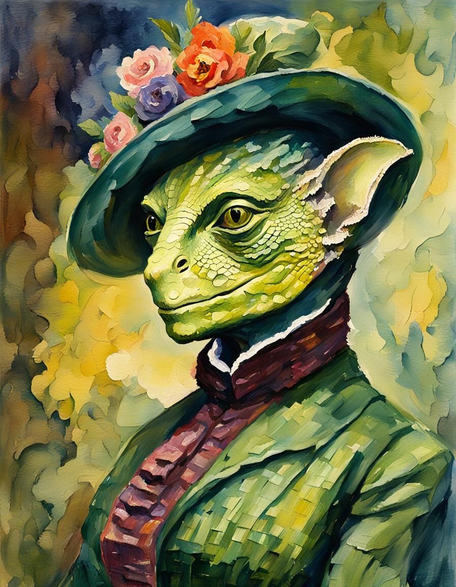 Victorian Lizard-Woman in Gouache Style Masterpiece