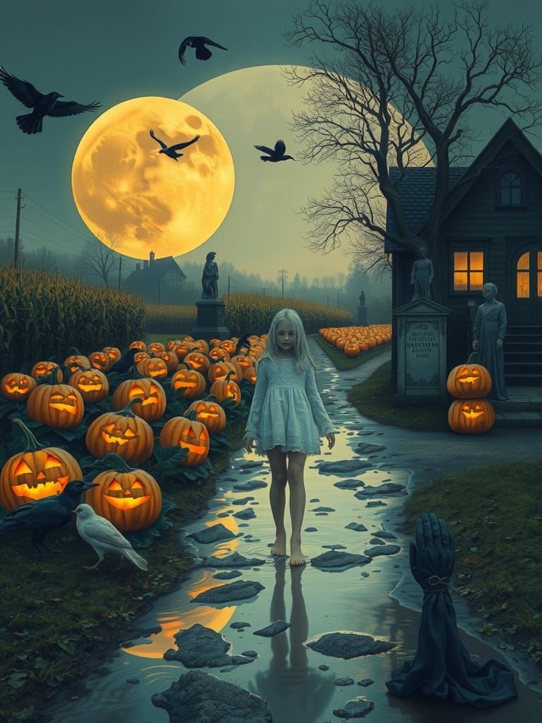 Surreal Golden Moonlit Night with Crows and Fox