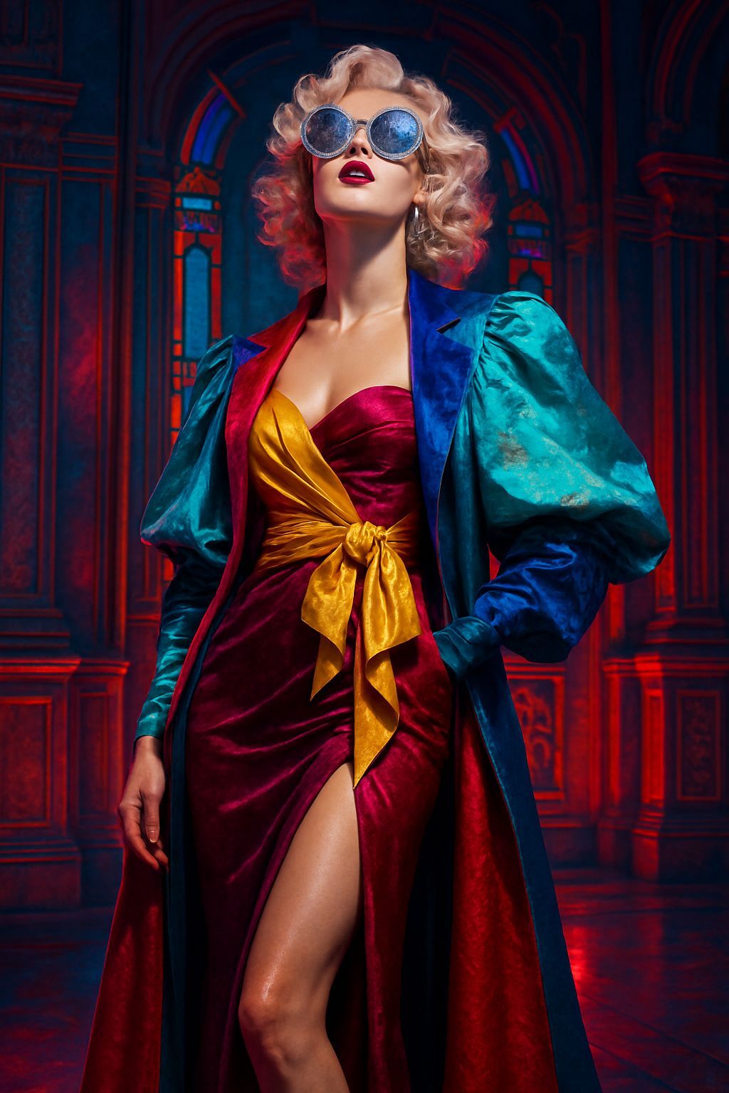 Neon Glamour: Rhinestone Sunglasses in Cybernetic Dreamworld