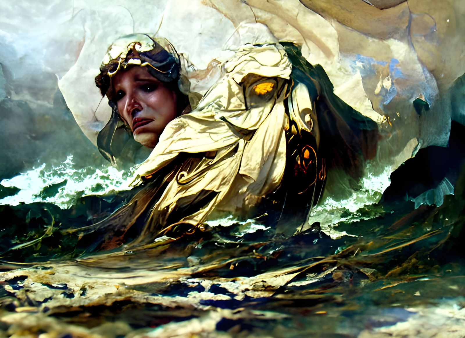 Face in rough seas, floating in tears of sadness sinister by Greg Rutkowski oil painting by James Gurney detailed matte ...