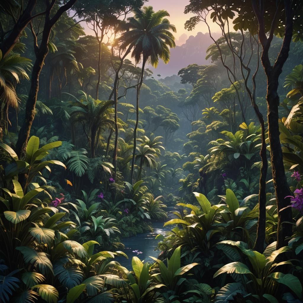 Exotic Wildlife in Dense Jungle, Photorealistic Concept Art