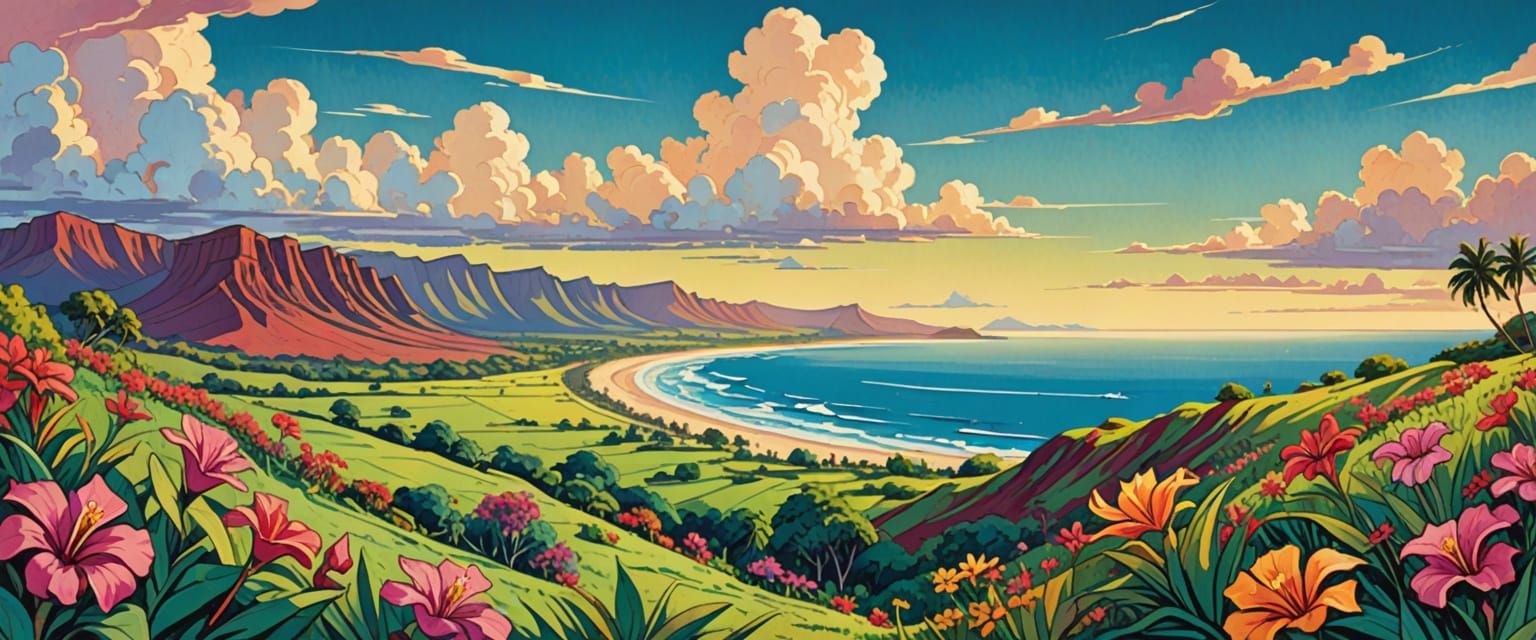 Vintage Hawaii Travel Poster in Folk Art Style