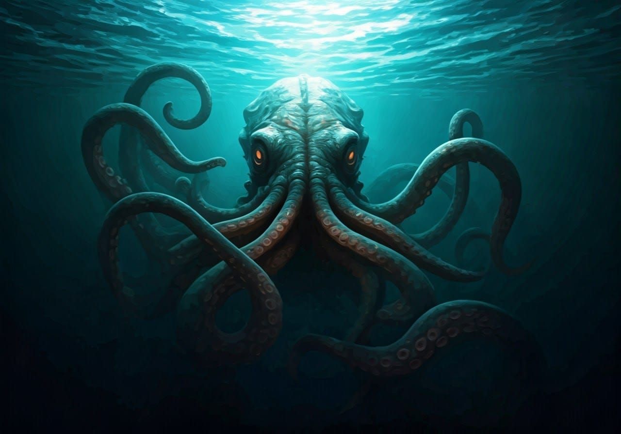 Colossal Kraken Lurking Beneath Dark Ocean Surface