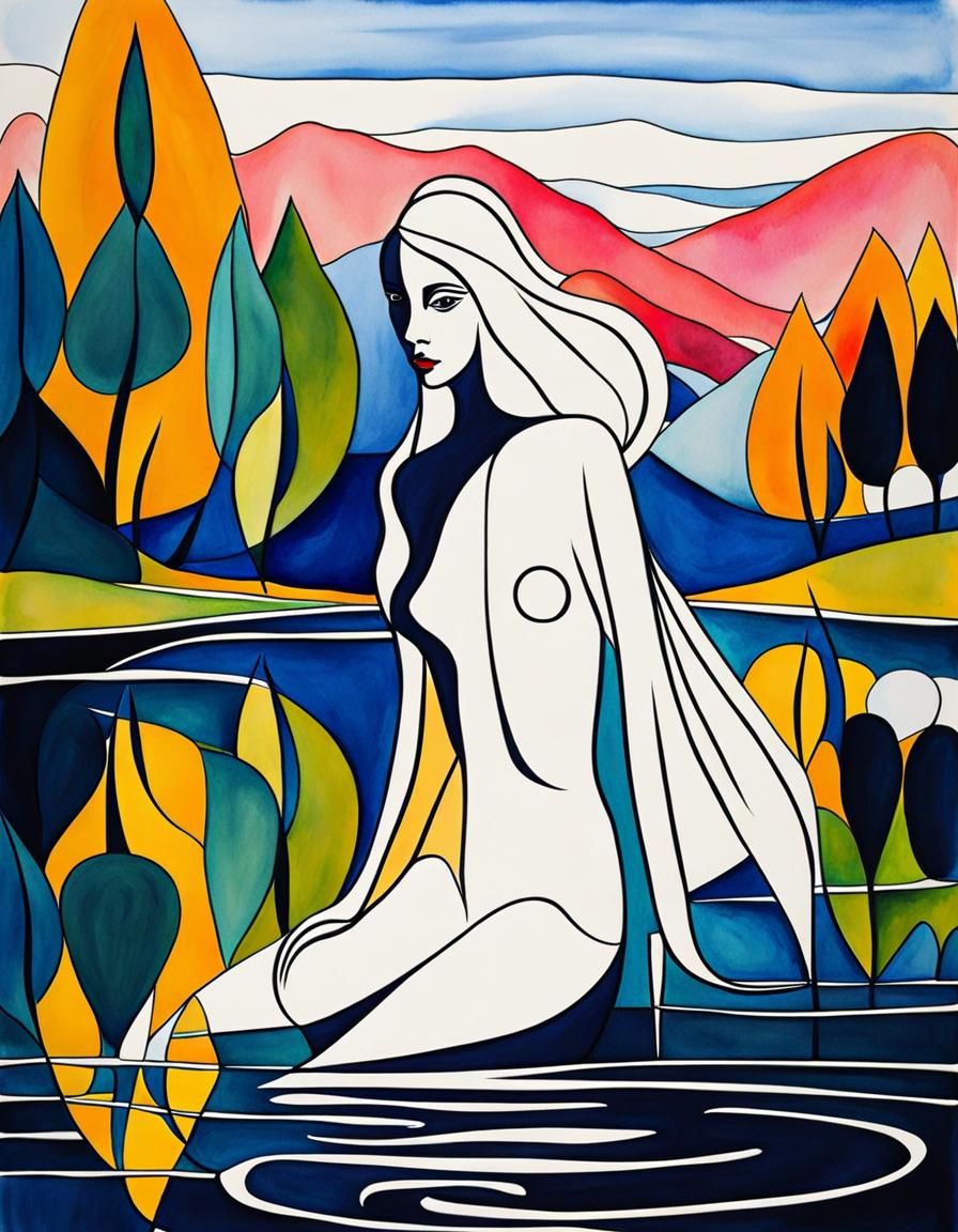 Woman Emerging from Lake: One Line Art