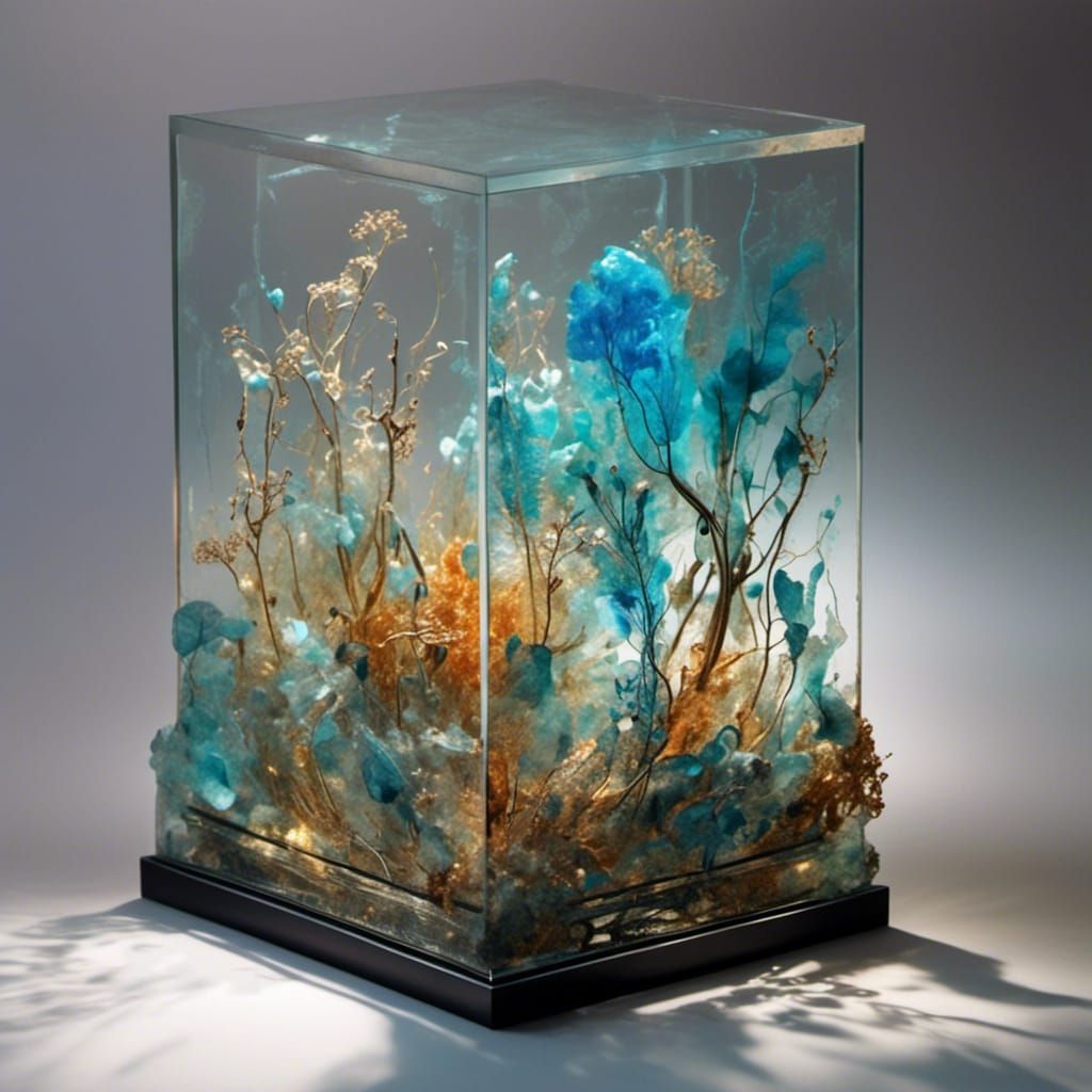 Nested Transparent Glass Boxes with Bioluminescent Filigree