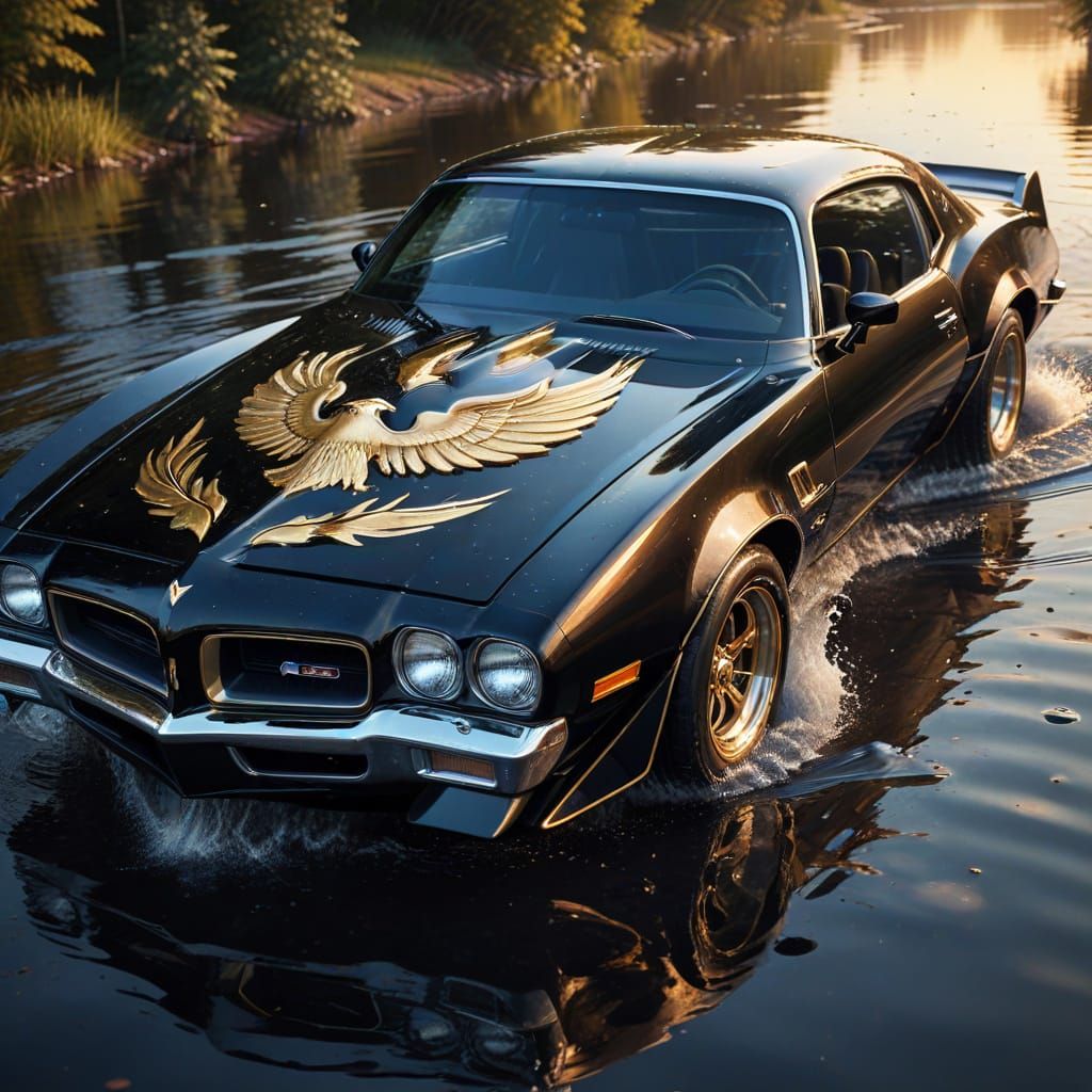 1976 Black Trans Am with Gold Eagle Decal in Dynamic Lightin...