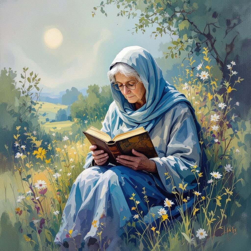 Dreamlike Old Woman Reading: Impressionistic Acrylic Paintin...