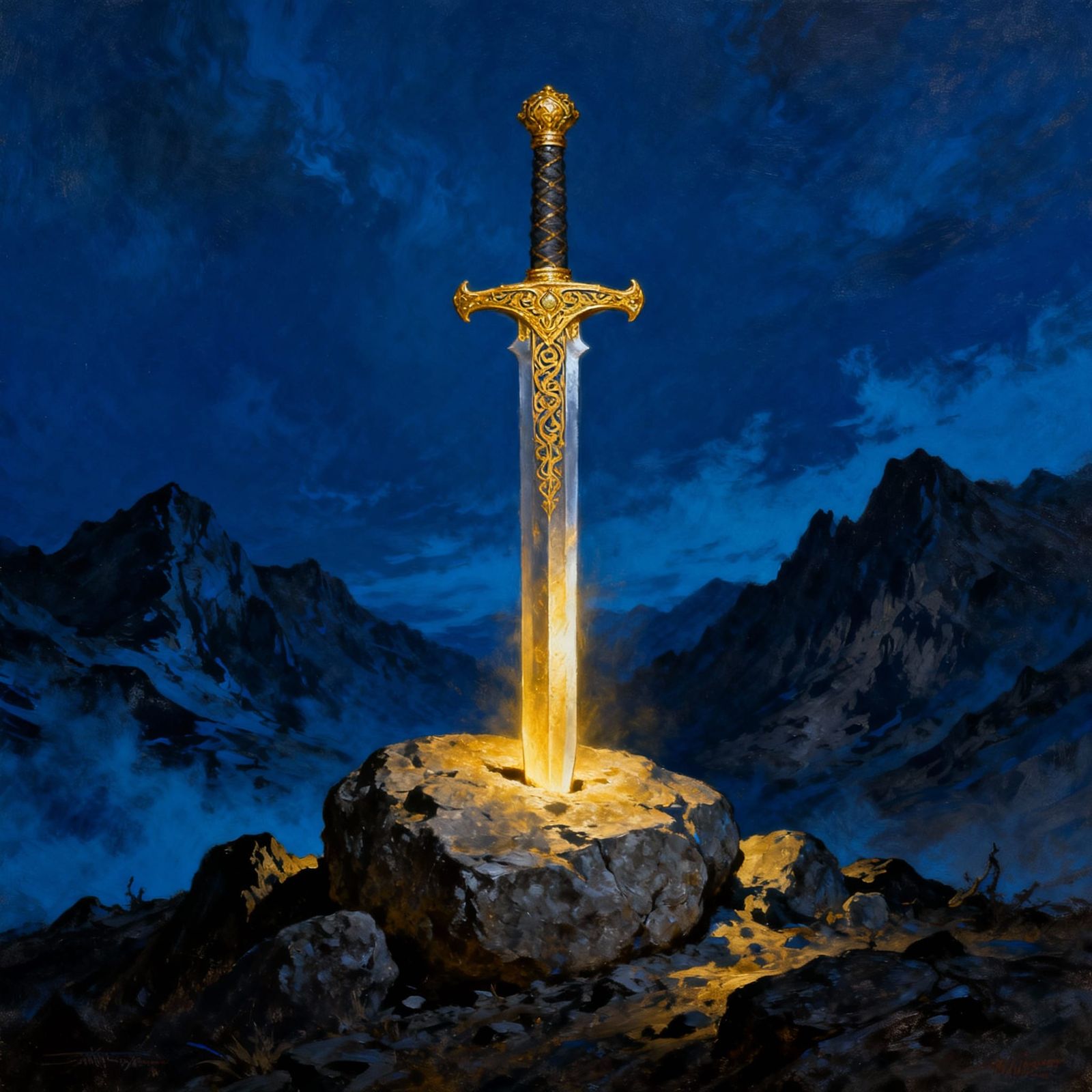 Magnificent Golden Sword Rises From Stone In Dark Mountains