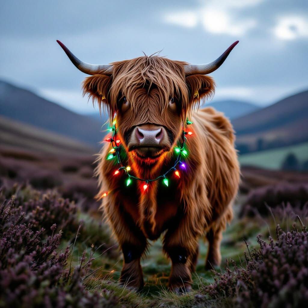 Highland Cow with Christmas Lights in Scottish Hills