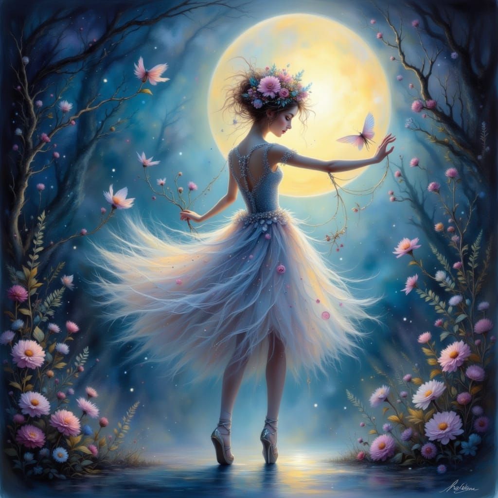Elegant Dancer Pirouettes on Moonlit Stage