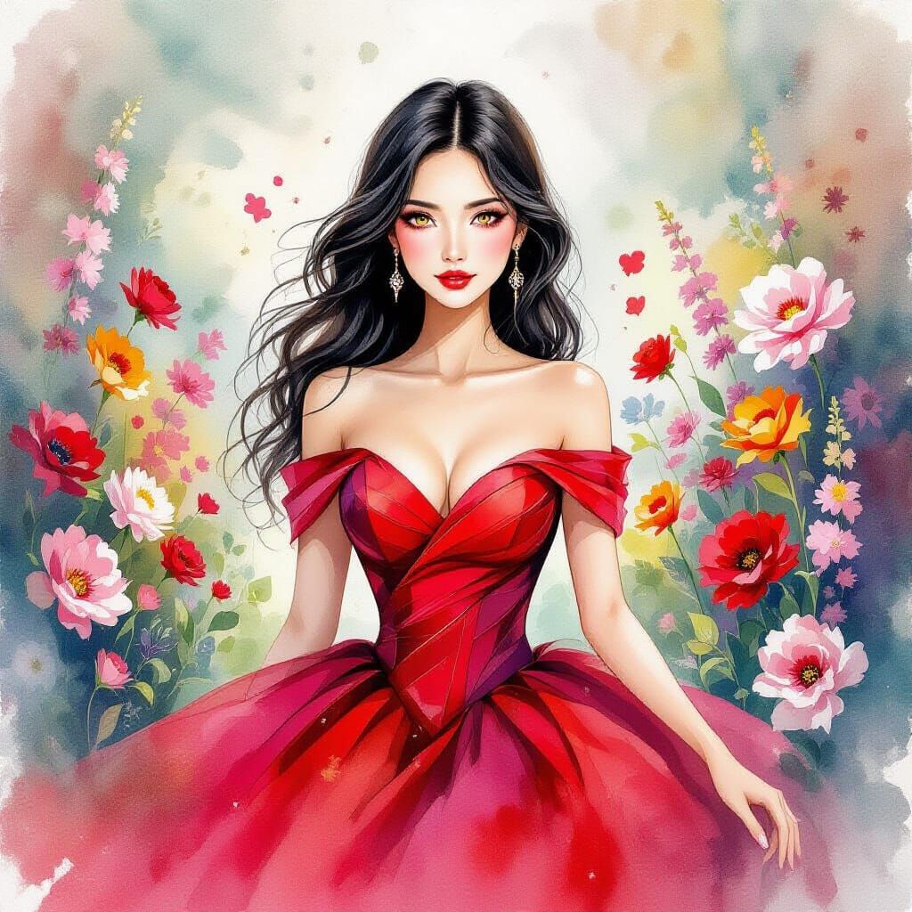 Woman in Red Gown Amidst Fantasy Flowers