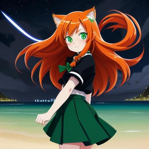 Adorable Chibi Catgirl on Beach at Night
