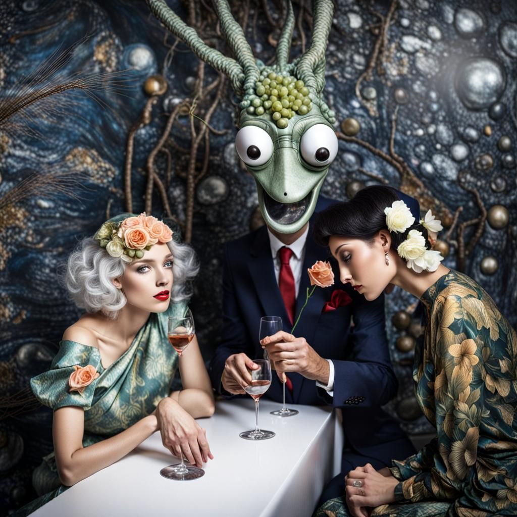 Surreal Alien Restaurant Celebration in Magical Realism